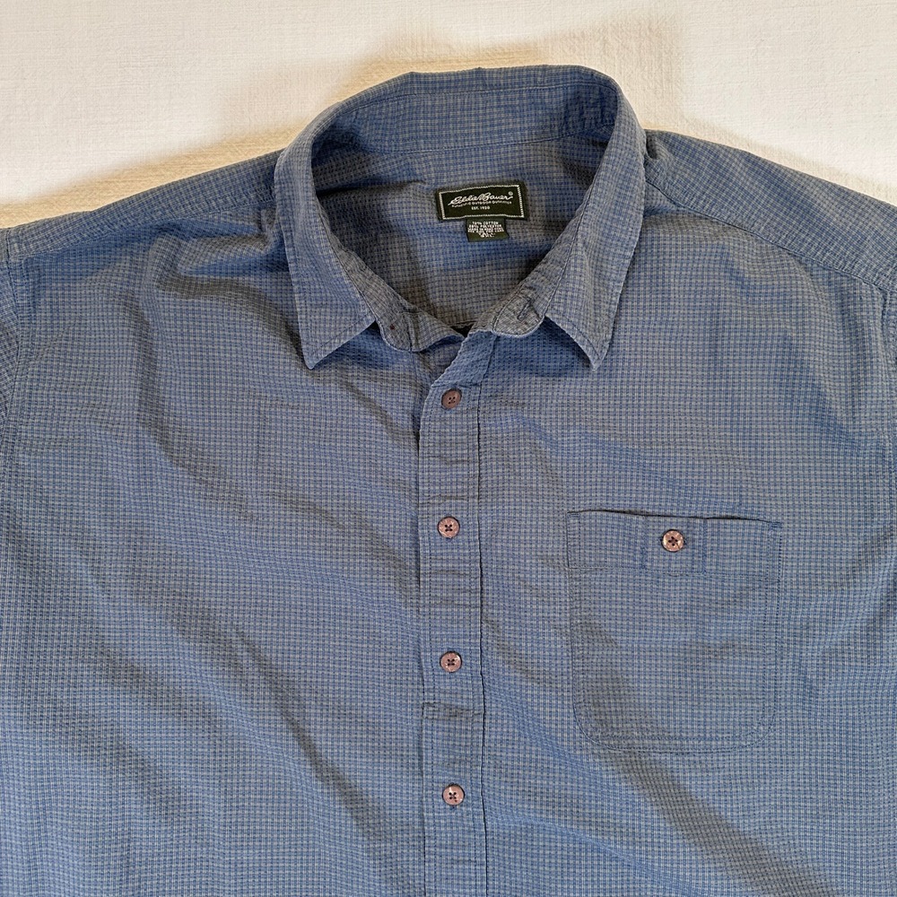 Eddie Bauer Mens 3XL Tall Blue Micro Check Short Sleeve Button Up Shirt Pocket - Picture 4 of 16